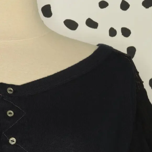 Free People Navy Mixed Media Light Magic Henley Balloon Sleeve Top - Picture 4 of 12